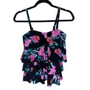 ISLAND ESCAPE Ruffled Layers w/Straps Tankini Top Size 8 Black Floral Size 8